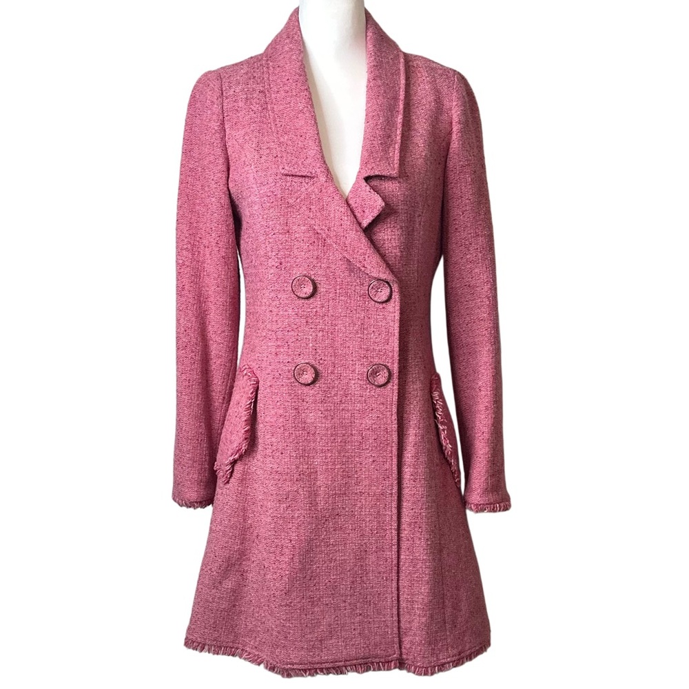 CAbi Madison Ave Pink Wool Blend Tweed Fringe Double Breasted Swing Coat Sz 6‎